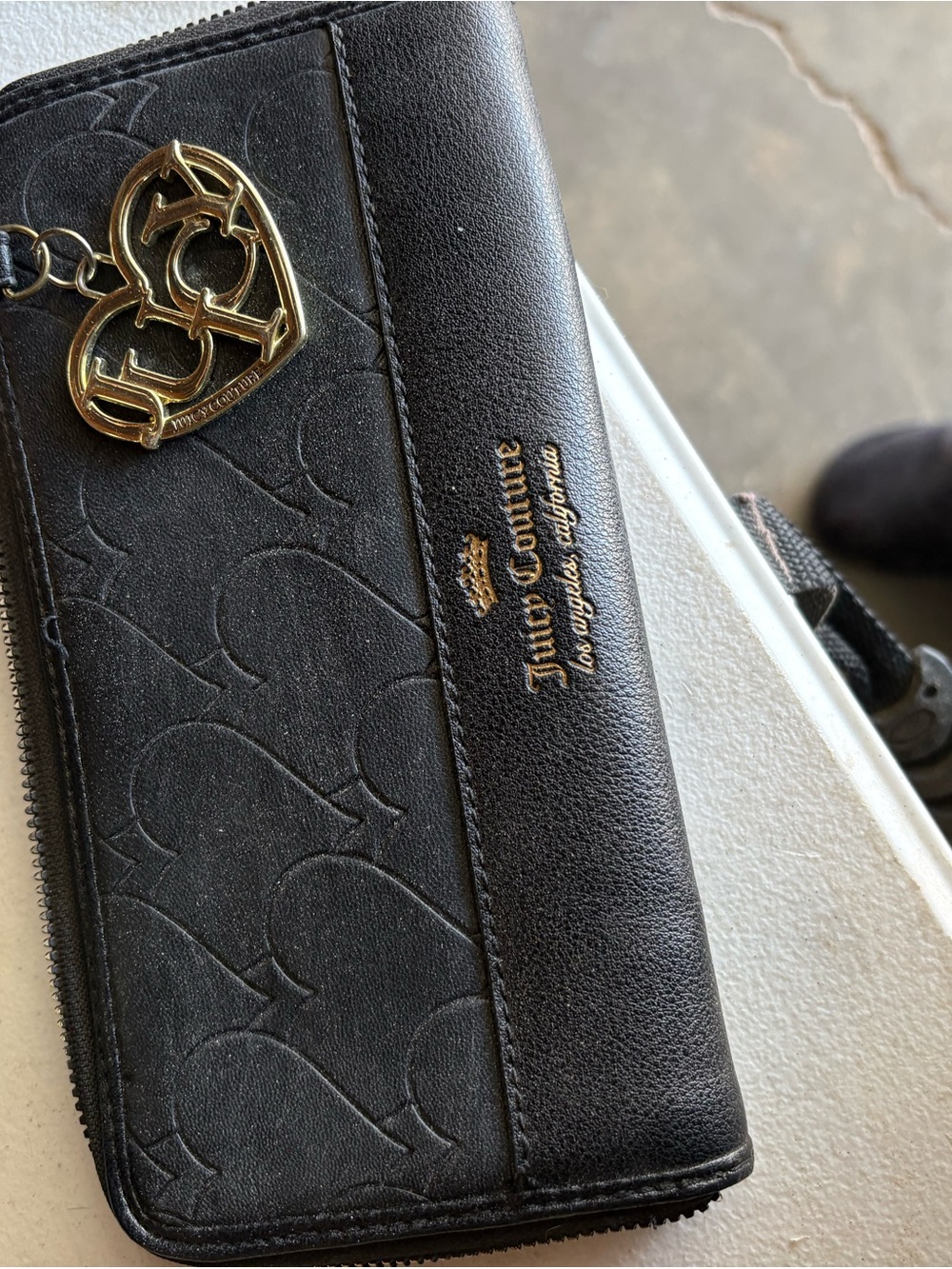 Juicy Couture Black Embossed Zip Wallet with Gold Heart Charm